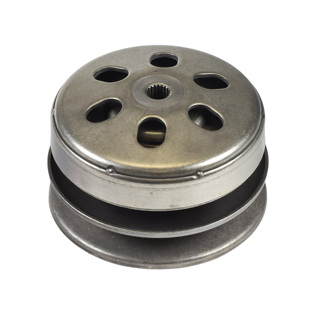 Complete Clutch Assembly with Driver Pulley & Clutch Bell for GY6 125cc & 150cc Scooters & Go Karts; close-up of circular metal components with holes.