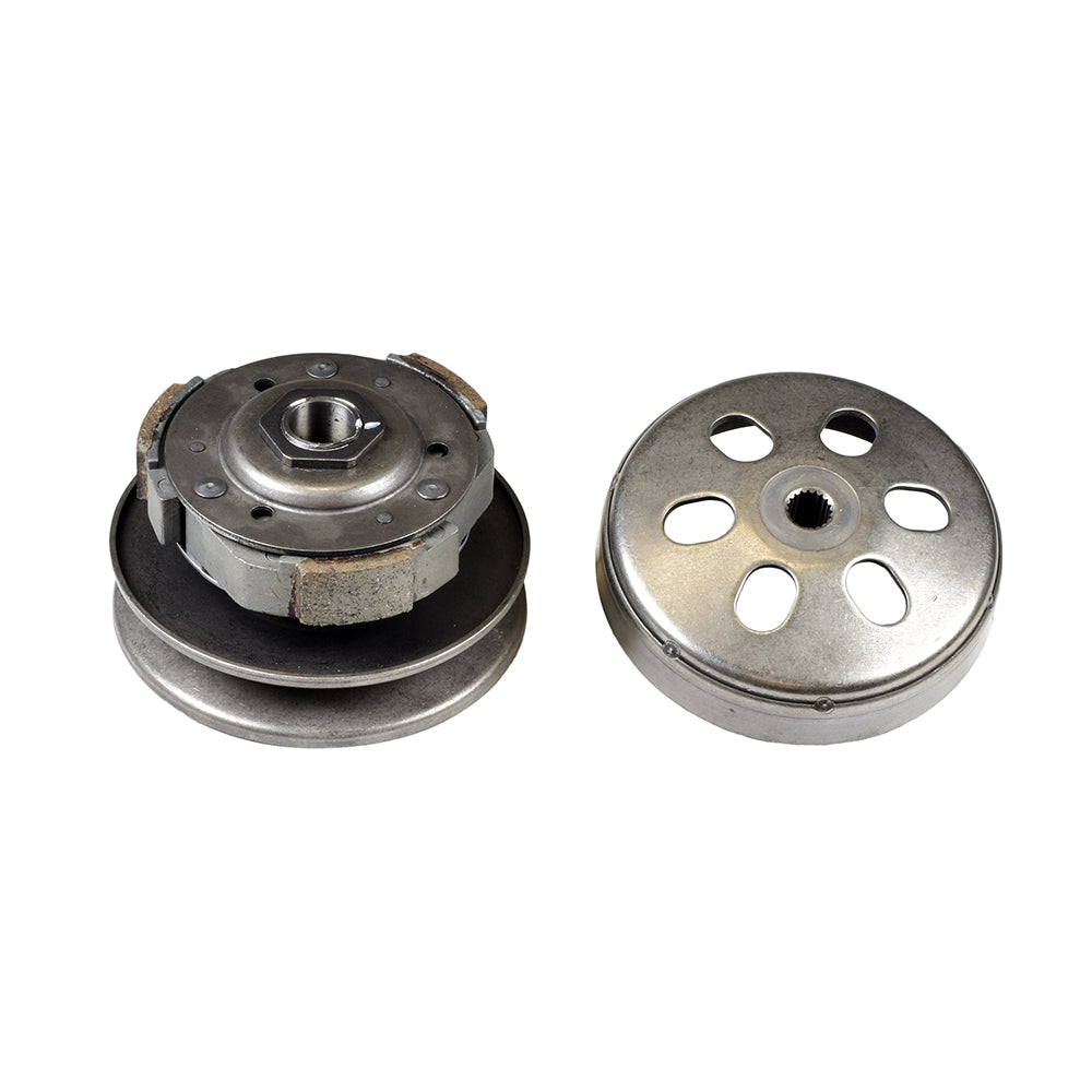 Complete Clutch Assembly with Driver Pulley & Clutch Bell for the TaoTao Lancer 150 Scooter, featuring a close-up view of a round metal object with holes, likely the clutch bell.