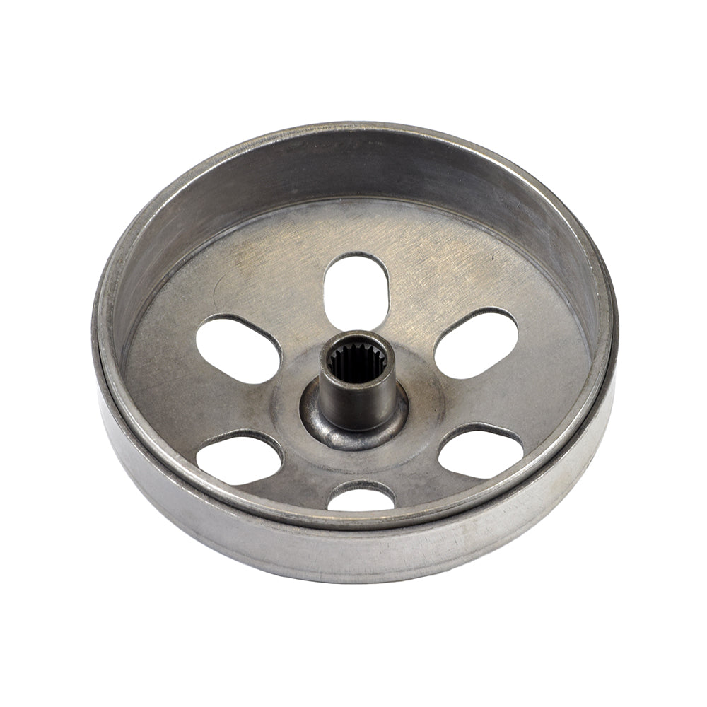 Complete Clutch Assembly with Driver Pulley & Clutch Bell for GY6 125cc & 150cc GY6 Scooters & Go Karts, featuring a round metal clutch bell with holes and a visible driver pulley.