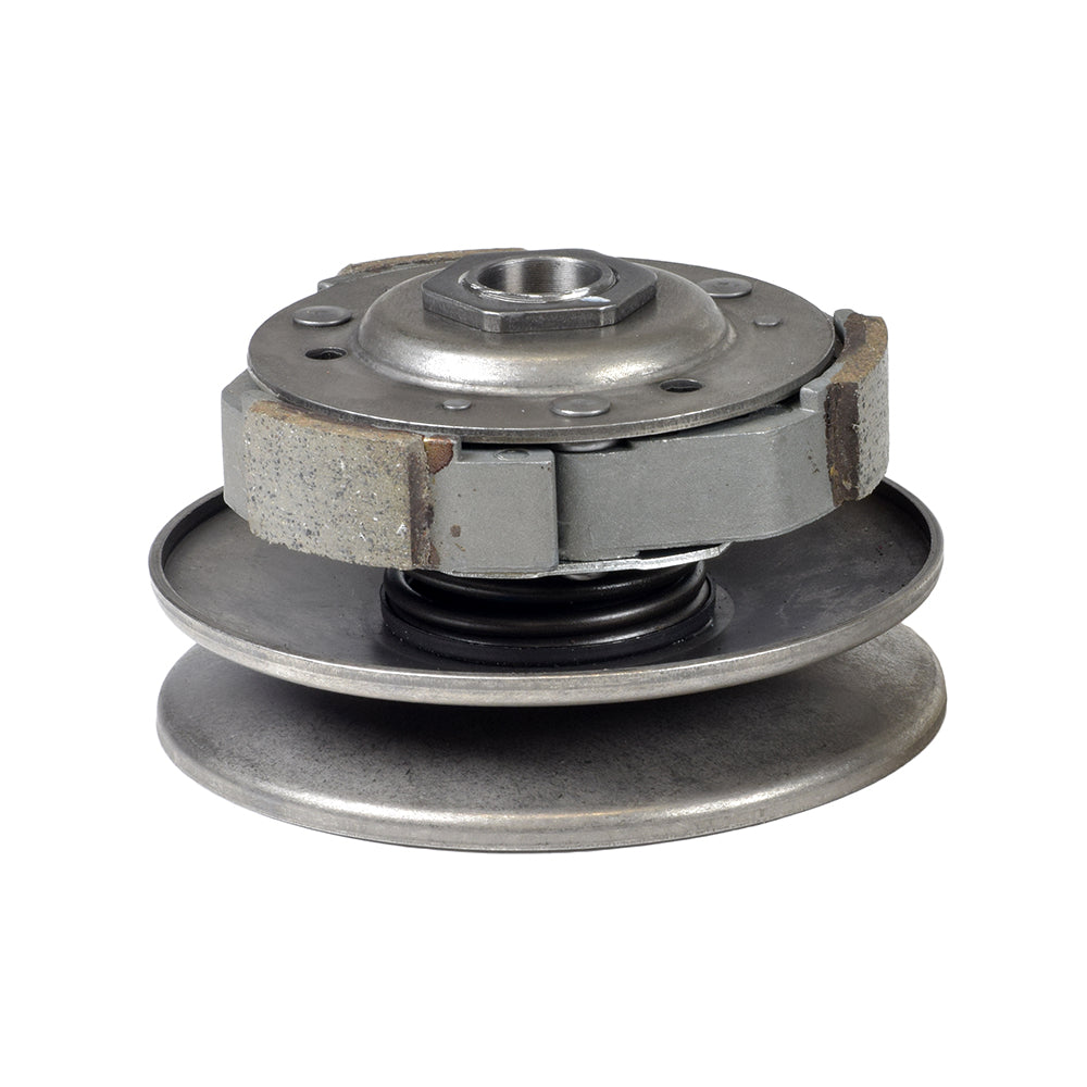 Complete Clutch Assembly with Driver Pulley & Clutch Bell for GY6 125cc & 150cc Scooters and Go Karts, featuring a metal construction with black rubber seals, springs, and a metal disc.