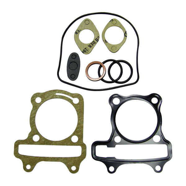 Complete Cylinder Gasket Set for 50cc, 125cc, and 150cc GY6 Engines, featuring multiple gaskets, including head, base, exhaust, and valve cover gaskets, arranged in a close-up, detailed illustration.