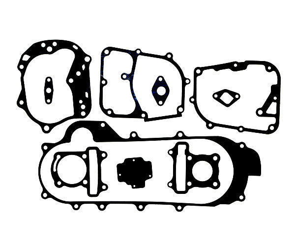 Complete Gasket Set for 50cc GY6 139QMB Engines, featuring ten various gaskets including cam chain adjuster, crankcase, CVT cover, cylinder base, and exhaust flange gaskets, illustrated in a detailed sketch.