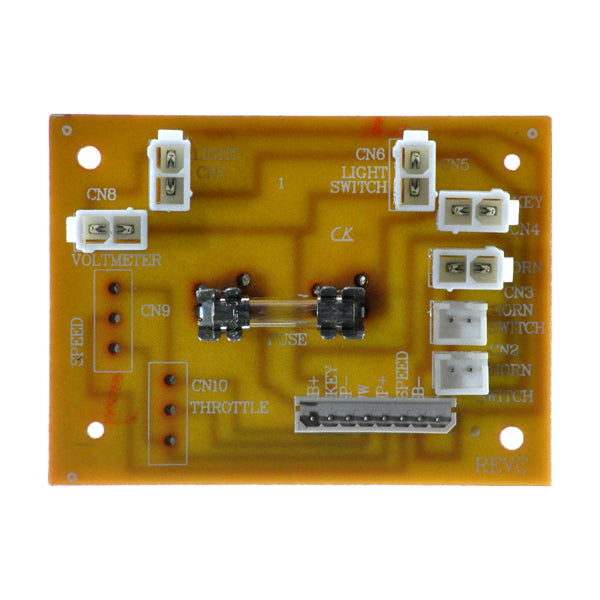 Close-up view of a console board for the Pride Revo Mobility Scooter, showcasing intricate circuit components and fuses, highlighting its electronic engineering precision.