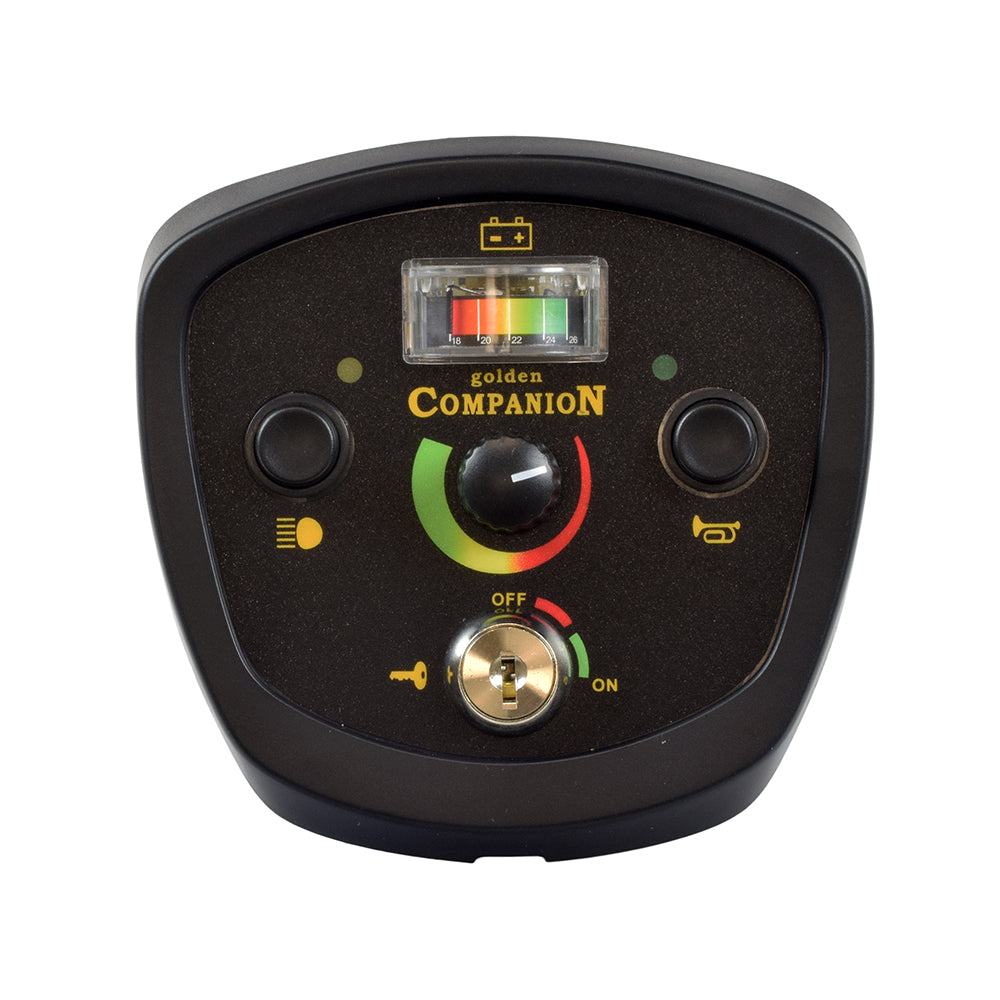 Dashboard Console for the Golden Technologies Companion I (GC221) and Companion II (GC321, GC421), featuring dials, buttons, a battery level meter, and a keyhole, ready for mounting on your mobility scooter.