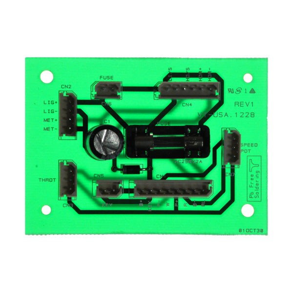 Electronic Console for the Pride Victory XL Mobility Scooter, featuring a green circuit board with various black and silver wires, a prominent black circular component, and a close-up of a camera lens.