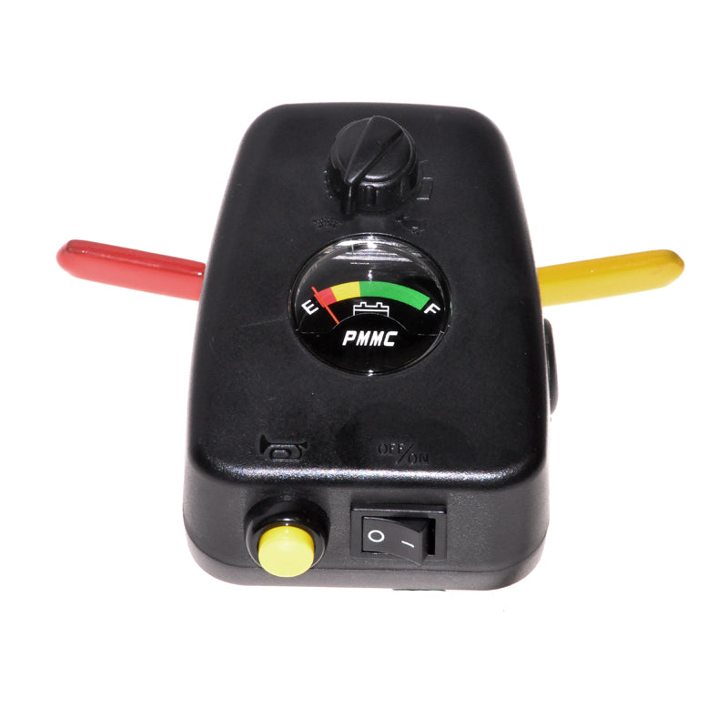 Console Control Box with Toggle Switch for the Shoprider Echo (SL73), featuring a dial, yellow buttons, battery gauge, throttle lever, horn button, and speed potentiometer in a compact black assembly.