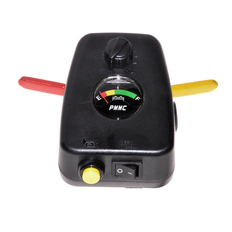 Console Control Box with Toggle Switch for the Shoprider Echo (SL73), featuring a dial, yellow buttons, battery gauge, throttle lever, horn button, and speed potentiometer in a compact black assembly.