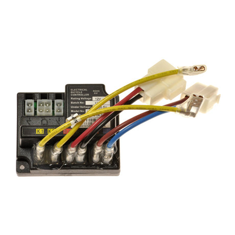 ZK1200-DP1-LD Control Module for Razor E90 Accelerator, showcasing a black box with seven attached colored wires, designed as a direct OEM replacement for the scooter's control module.