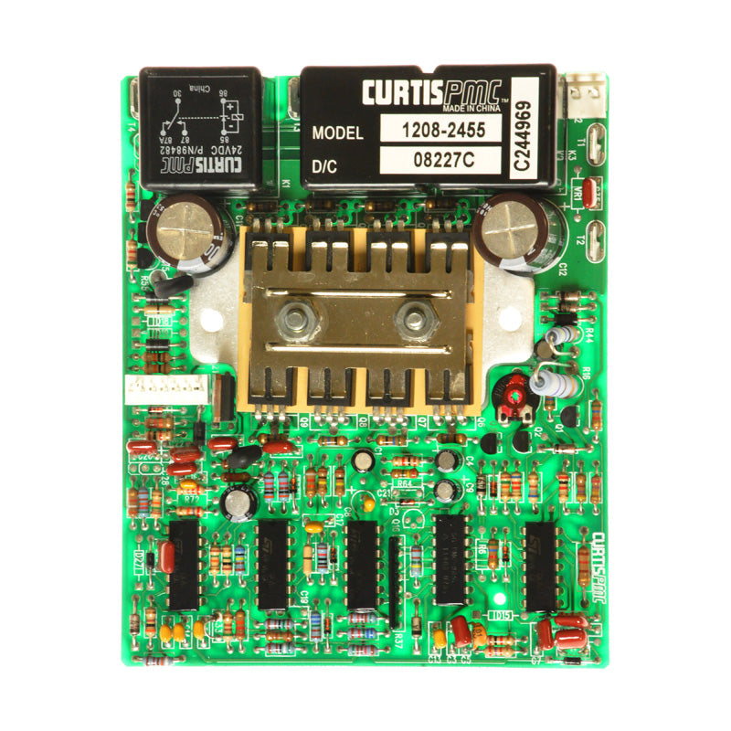 PCB Controller Board for the Pride Rally (SC150/SC155) showing a green circuit board densely packed with small components, featuring close-ups of chips and white text on black cards.