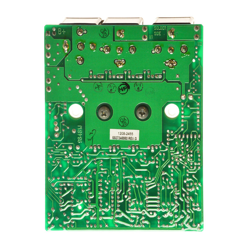 PCB Controller Board for the Pride Rally (SC150/SC155) featuring numerous small holes and a prominent white circle, essential for the scooter's electronic operating system.