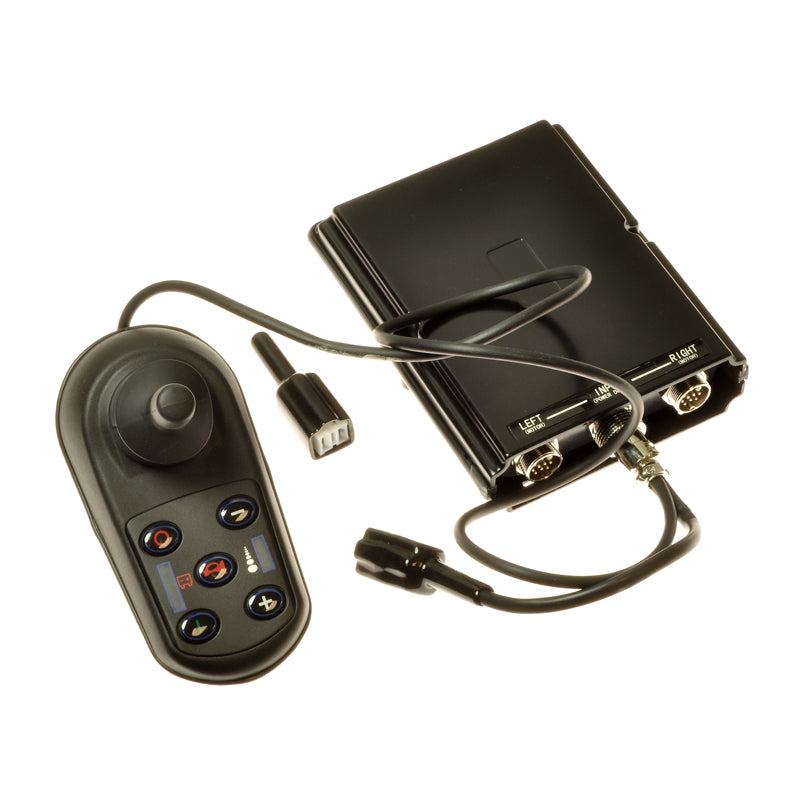 24 Volt Brushless Motor Controller & Joystick for Electric Wheelchair Conversion Kits, featuring a black box with connectors and a remote control for programmable settings, regenerative braking, and parking brake detection.