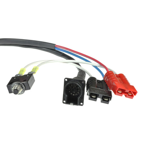 Controller Harness for the Rascal 600 Series featuring a bundle of colorful wires with connectors and heat-shrink tubing, designed to link the controller to the motor and tiller wiring harnesses.