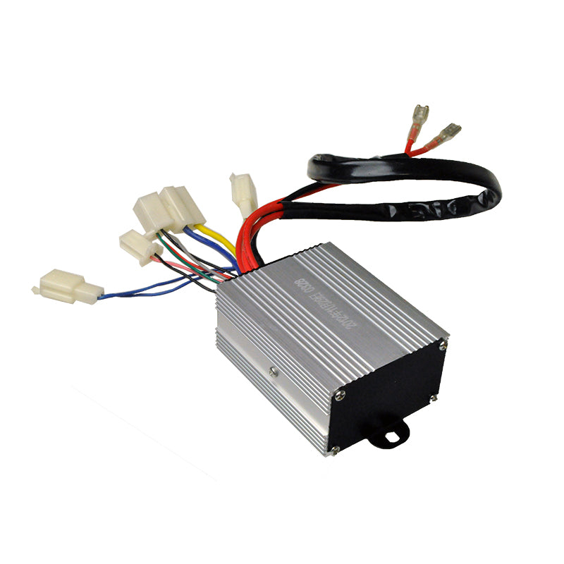 24 Volt 250 Watt Controller for the Jetson® Junior Electric Mini Bike, featuring a silver box with attached electrical wiring and connectors, essential for restoring functionality to your mini bike.