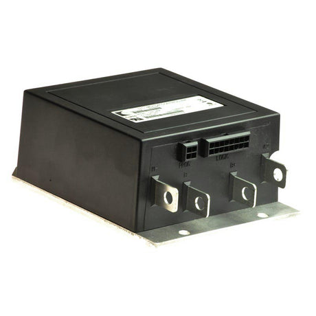 Controller for the Pride Wrangler PMV600/PMV620, a black electronic device featuring two metal connectors and multiple ports, designed for efficient 200 amp, 24 volt DC control by Curtis.