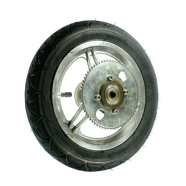 12-1/2 x 2-1/4 (12.5x2.25) Complete Rear Wheel Assembly with straight metal spokes, metal rim, tire, tube, sprocket, and bearings, shown in a close-up view.