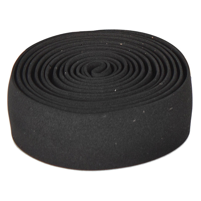 Cork Handlebar Tape: A close-up of a black roll of fabric designed for bike handlebars, offering a sweat-absorbing, cushiony feel as a superior alternative to rubber or vinyl grips.