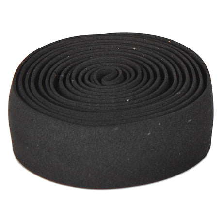 Cork Handlebar Tape: A close-up of a black roll of fabric designed for bike handlebars, offering a sweat-absorbing, cushiony feel as a superior alternative to rubber or vinyl grips.