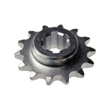 Close-up of a 14 Tooth 8mm 05T Transmission Counter Sprocket, a metal gear designed specifically for the Motovox MVS10, showcasing its precise teeth and durable metal construction.