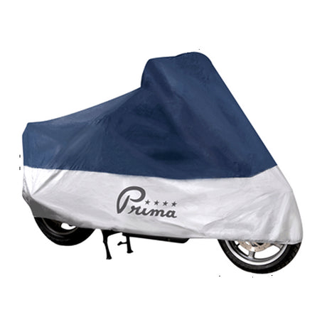 Weatherproof Cover for Maxi Scooters by Prima, shown draped over a large scooter, highlighting its snug fit, durable fabric, and portability, ensuring protection from dust, dirt, and bird droppings.