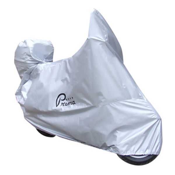 Weatherproof Cover for Vespa LS & S Series Scooters: A motorcycle covered in a plastic cover, showing a close-up of the Prima logo, designed to protect modern Vespa LX, LXV, and S series scooters.