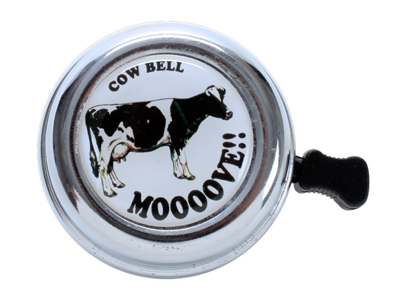 Swell Bell Chrome Bicycle & Scooter Bell featuring a close-up of the bell with a cow design, showcasing its durable metal base and thumb lever.