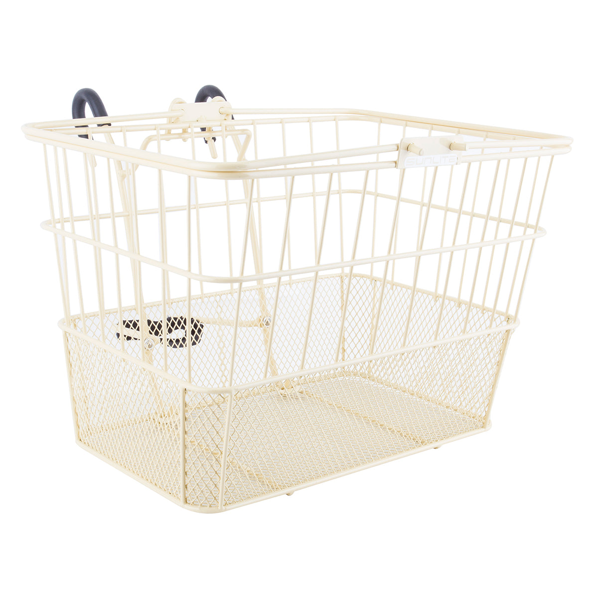 Lift-Off Wire Basket with Mesh Bottom (Blemished) shown as a white shopping basket with black handles, ideal for bikes and scooters.