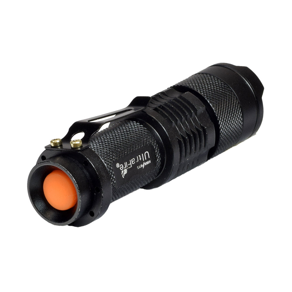 Cree Q5 UltraFire Aluminum LED Handlebar Light for Bikes & Scooters, featuring a black flashlight with a yellow button, removable from the handlebar bracket, and adjustable in 360 degrees.