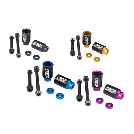 Crisp Chromo Sleeved Peg Set for Kick Scooters, featuring a durable anodized aluminum core with a 4130 chromoly steel sleeve, displayed alongside front and rear axle bolts, lock nuts, and spacers.