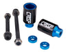 Crisp Chromo Sleeved Peg Set for Kick Scooters featuring two black and blue pegs with an anodized aluminum core and chromoly steel sleeves, accompanied by axle bolts, lock nuts, and spacers.