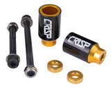 Crisp Chromo Sleeved Peg Set for Kick Scooters, featuring black and gold cylindrical pegs with anodized aluminum alloy cores and chromoly steel sleeves, includes axle bolts, lock nuts, and spacers.