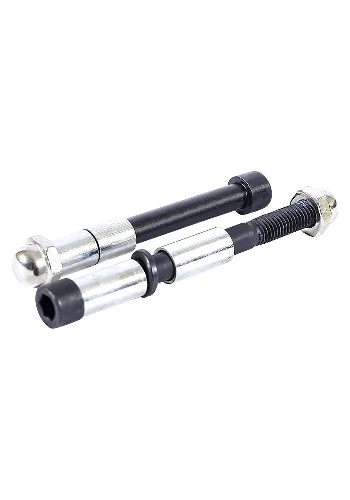 Close-up of Crisp DX Dirt Scooter Front & Rear Axles (Set of 2) showing sturdy metal rods, nuts, washers, and spacers.