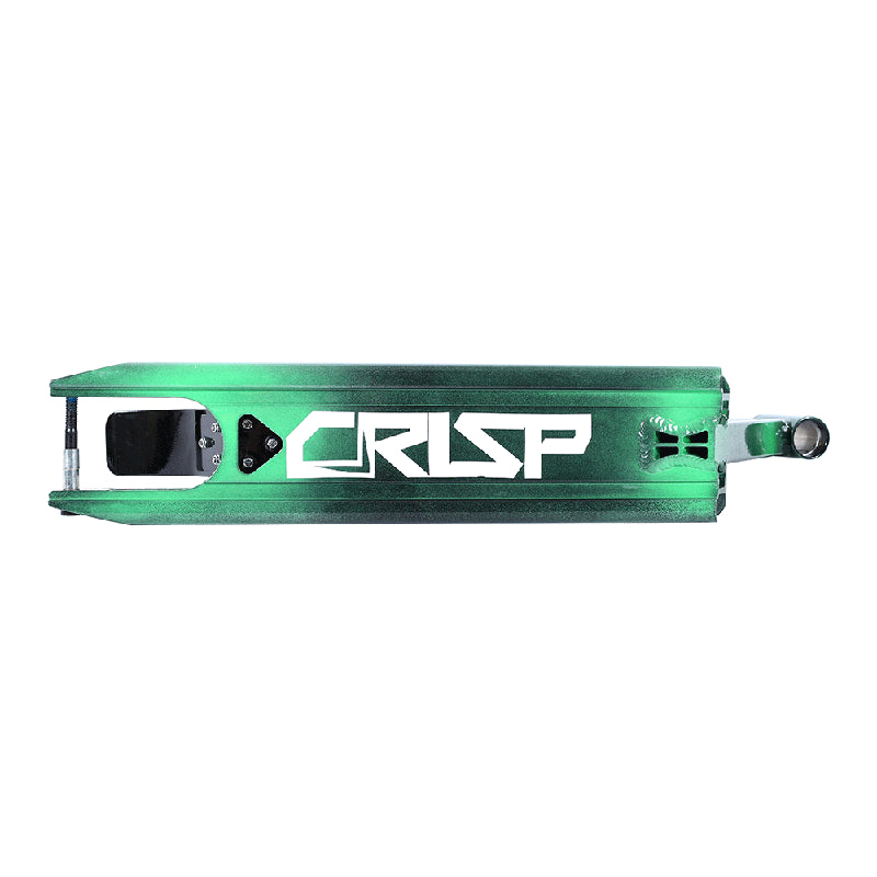 Crisp DX Dirt Scooter Deck, a robust 5 x 19-3/4 green deck with white text, featuring a flex brake and made of durable 6061 alloy, ideal for on or off-road scootering.