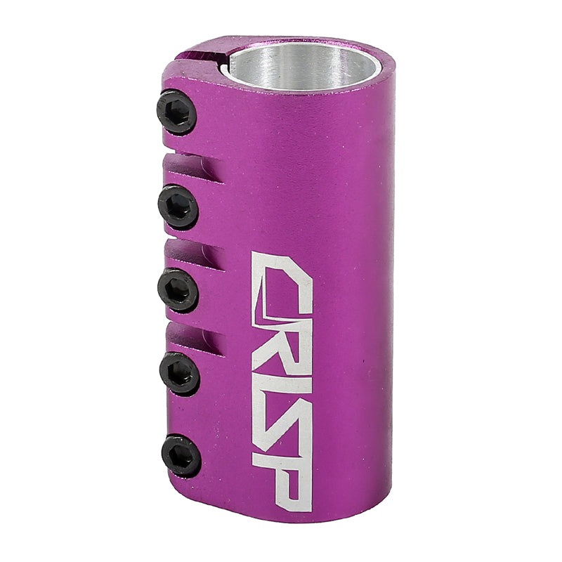 Crisp SCS 5-Bolt Clamp for Scooters, a sturdy cylindrical metal clamp, features multiple bolt holes and engraved text, designed to securely hold scooter bars, minimizing bending or breaking.