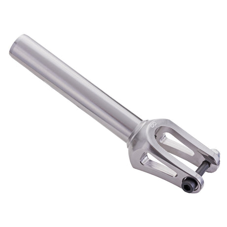 Crisp Tech 8 Alloy Fork, a sturdy, one-piece silver scooter fork with an integrated screw, designed for standard HIC or SCS steering tubes, compatible with 100 mm or 110 mm wheels.