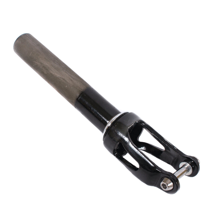 Crisp Ultima 125 Fork, a robust black and grey metal tool, designed for 125 mm wheels, ideal for replacing damaged forks or customizing pro scooters.