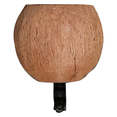 Close-up of the Cruiser Candy Coconut Cup Holder, a handmade coconut shell cup holder designed to mount on bicycle handlebars, featuring a natural, hollowed-out coconut shell.