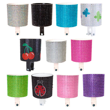 Cruiser Candy Rhinestone Cup Holder for Bikes & Scooters, featuring a close-up of a purple sequined design and a black and red mug with a ladybug design, adding flair to handlebars.