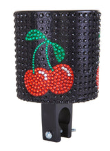 Cruiser Candy Rhinestone Cup Holder for Bikes & Scooters featuring a black design with a cherry pattern, round hole in center, mounts easily on handlebars for stylish and convenient beverage access.