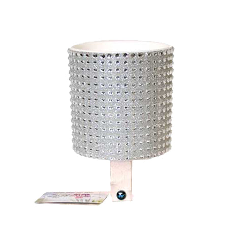 Cruiser Candy Rhinestone Cup Holder for Bikes & Scooters: A silver cylindrical cup holder adorned with sparkling rhinestones, designed to mount on handlebars for easy beverage access.