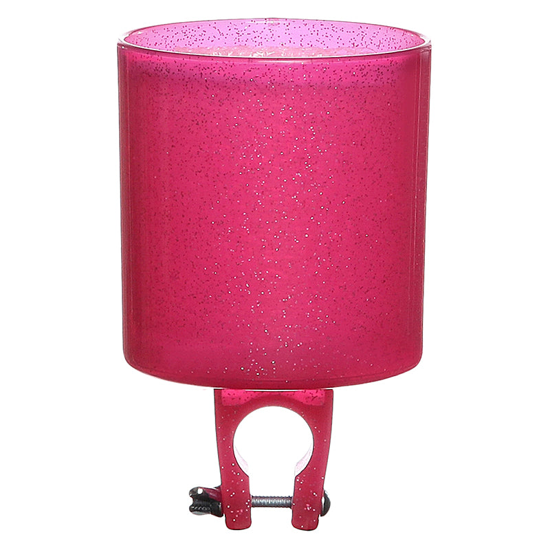 Cruiser Candy Sparkles Cup Holder clipped to a handlebar, designed to securely hold a travel-size coffee cup, featuring a glittery cylindrical shape for stylish and convenient bike rides.