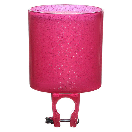 Cruiser Candy Sparkles Cup Holder clipped to a handlebar, designed to securely hold a travel-size coffee cup, featuring a glittery cylindrical shape for stylish and convenient bike rides.