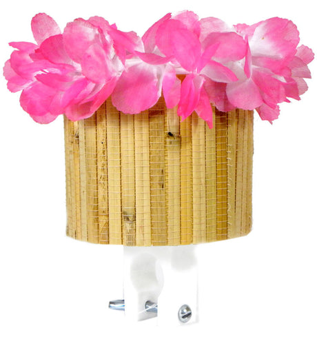 Cruiser Candy Tiki Cute Cup Holder featuring pink flowers in a basket, bamboo siding, and floral lei, designed to add flair and style to bike handlebars.