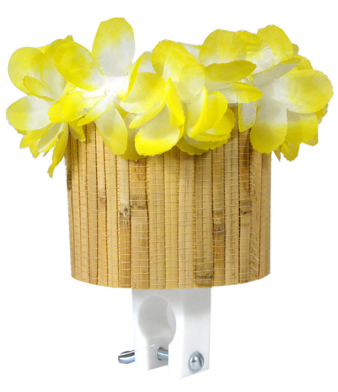 Cruiser Candy Tiki Cute Cup Holder featuring bamboo siding and a vibrant yellow and white flower arrangement, perfect for adding flair to your bike or scooter.