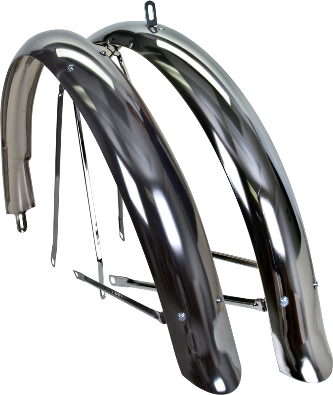 Cruiser Fender Pair: Two chrome fenders with screws, designed for 26 x 2.125 tires, suitable for various scooters and bikes.