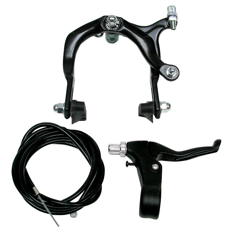 Front Brake Caliper & Lever Set for the Mongoose 12 Expo Kick Scooter, showcasing black brake levers and cable, includes brake pads and mounting hardware for easy replacement.