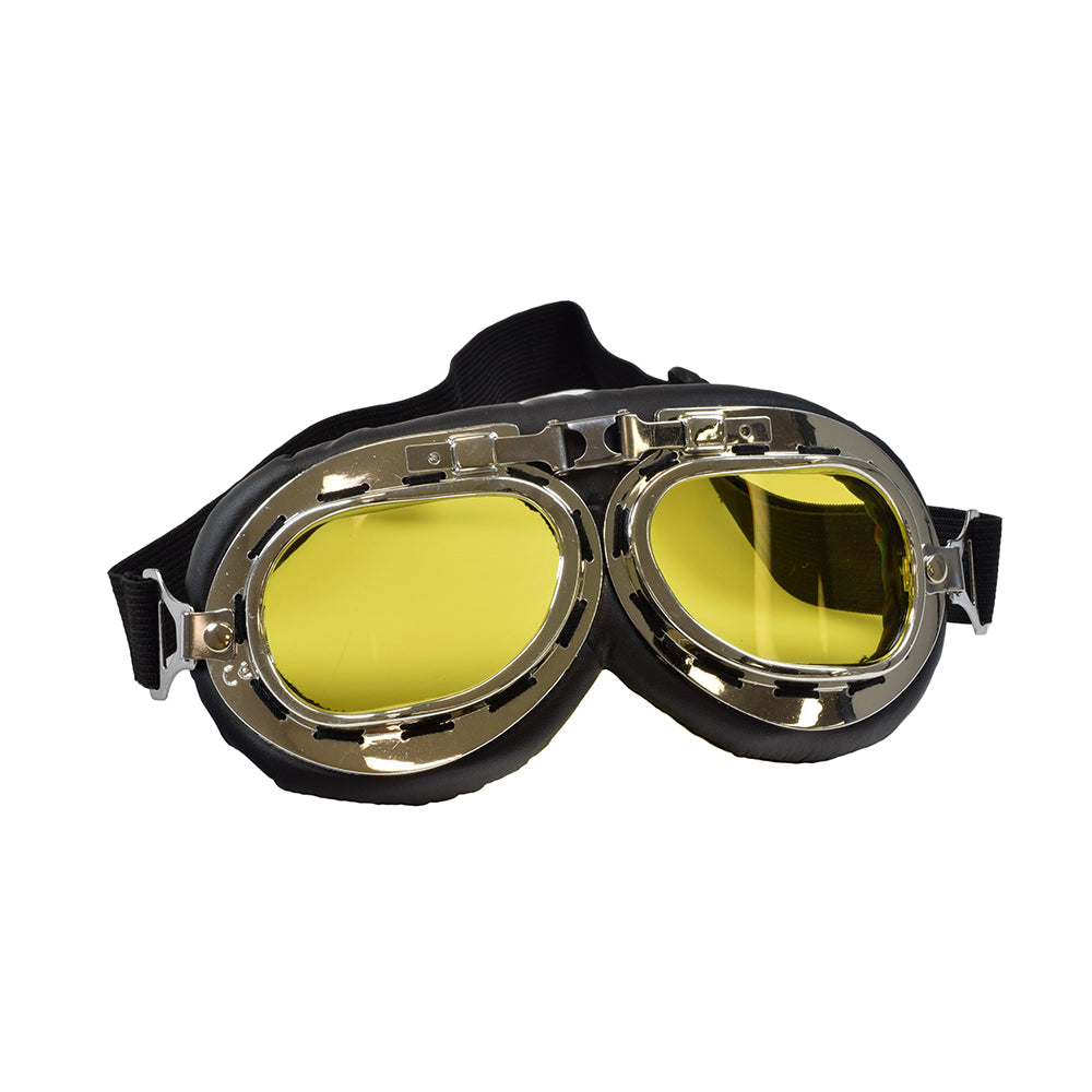 Cruiser Style Scooter Goggles with yellow lenses, featuring an adjustable elastic strap and ABS frame, ideal for eye protection against dust, wind, and sun while riding a scooter.