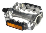 Cruz Sport Silver Pedals featuring a silver and black design with a built-in reflector, suitable for bicycles and scooters.