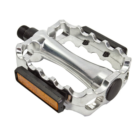 Cruz Sport Silver Pedals, a sleek silver and black bicycle accessory, designed for various scooters and bikes, showcasing a robust build with a practical design for enhanced riding experience.