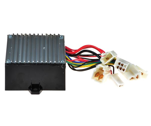 CT-312C1-3 Control Module with 5-Wire Throttle Connector for Razor MX650, Versions 8-13. Black electronic device with visible wires and metal box, designed for models with 5-wire throttle systems.