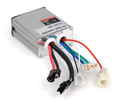 Currie 24 Volt 30A 5-Pin Controller for 400 Series eZip, IZIP, & Schwinn Scooters, a silver box with attached wires, designed for electric scooter motor control with waterproof features and brake inhibit power cut off.